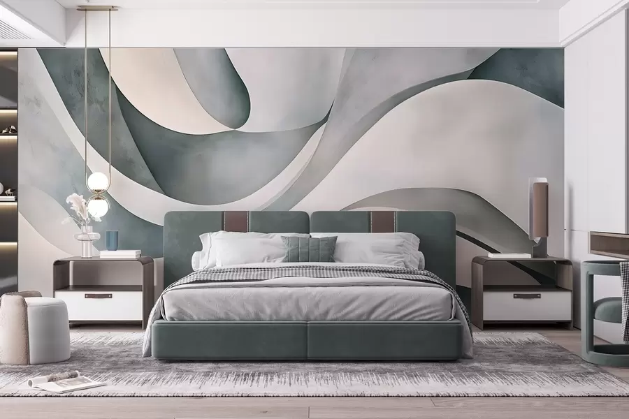 murales de pared Formas curvas en blanco, azul y gris, creando un estampado minimalista, moderno y abstracto  w08439v1