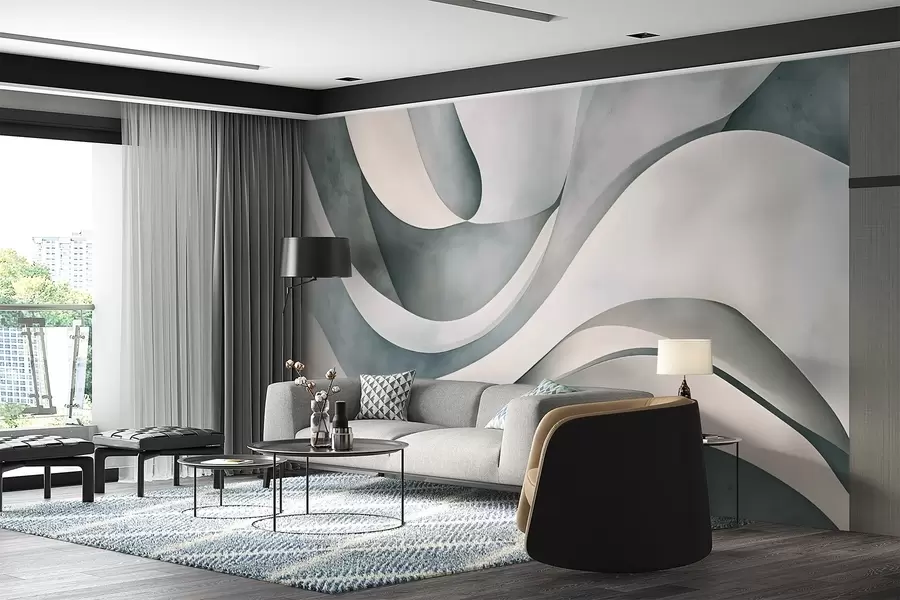 murales de pared Formas curvas en blanco, azul y gris, creando un estampado minimalista, moderno y abstracto  w08439v1