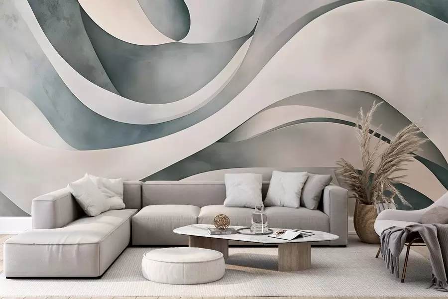 murales de pared Formas curvas en blanco, azul y gris, creando un estampado minimalista, moderno y abstracto  w08439v1