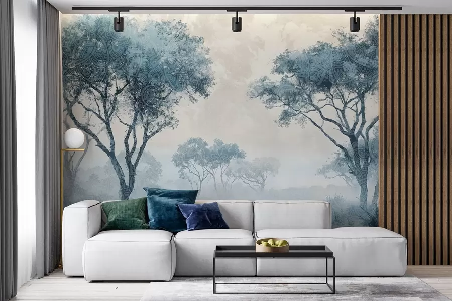 murales de pared Un paisaje brumoso y sereno con árboles silueteados en primer plano y una suave niebla en tonos azules y beige w08442