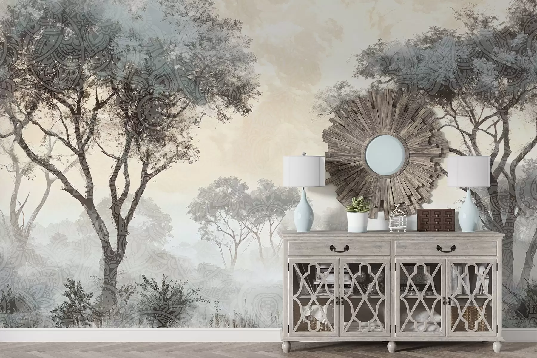 murales de pared Un paisaje brumoso y sereno con árboles silueteados en primer plano y una suave niebla en tonos grises y beige w08442v1