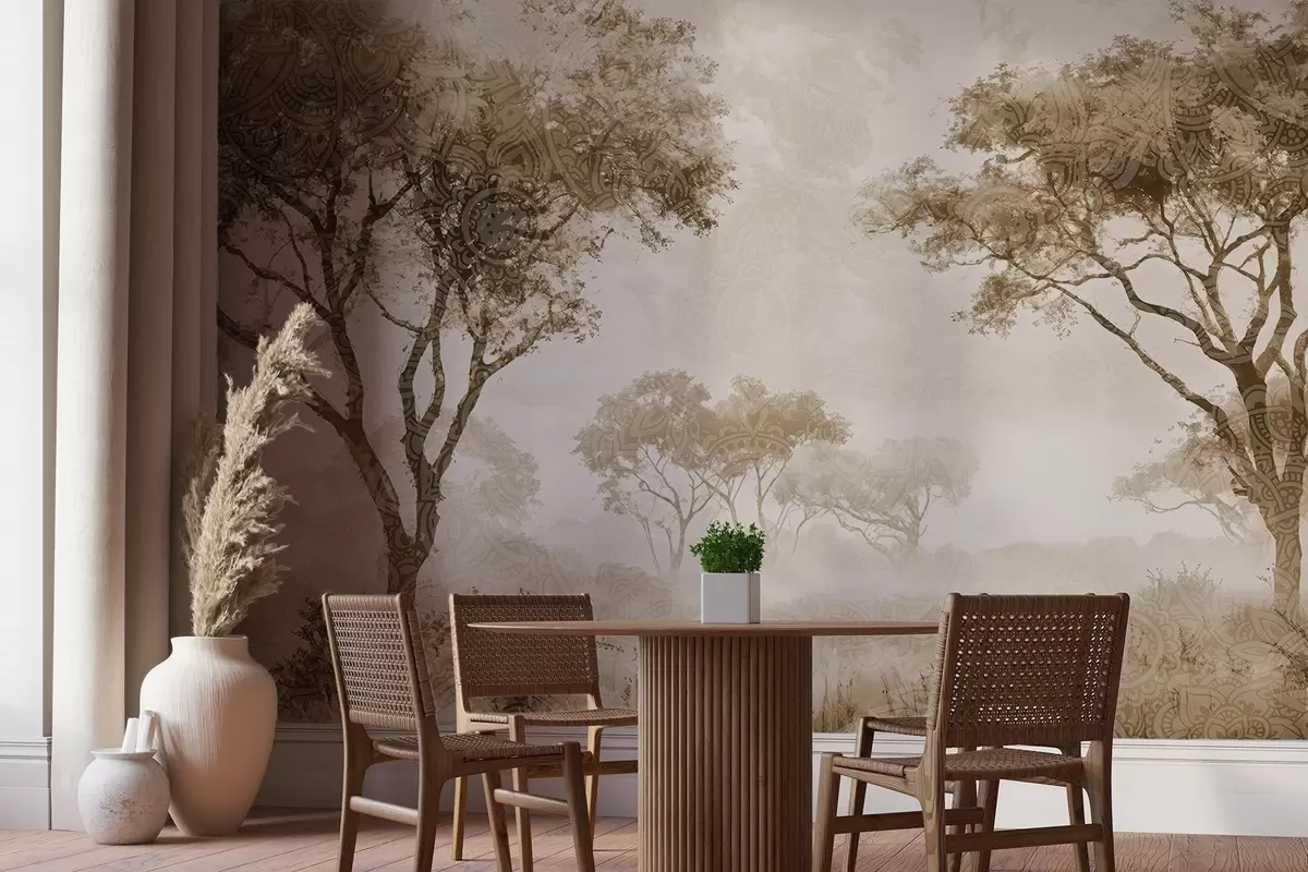 murales de pared Un paisaje brumoso y sereno con árboles silueteados en primer plano y una suave niebla en tonos marrones y beige w08442v2