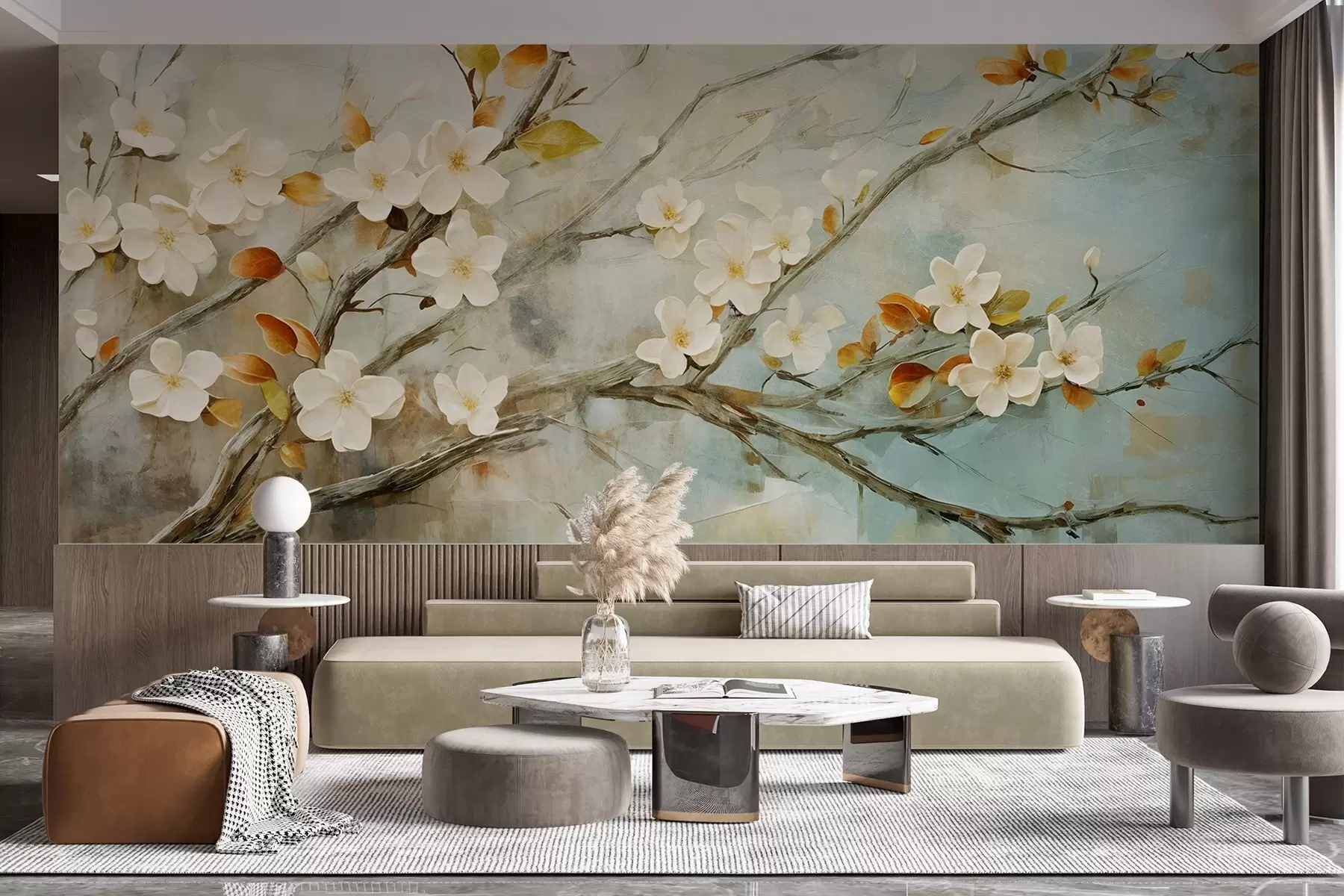 murales de pared Flores blancas de cerezo en ramas sobre un fondo azul y verde suave en estilo de pintura al óleo w08444