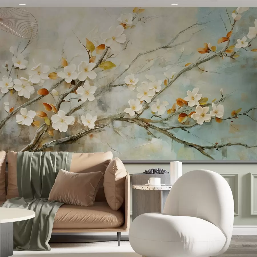 murales de pared Flores blancas de cerezo en ramas sobre un fondo azul y verde suave en estilo de pintura al óleo w08444