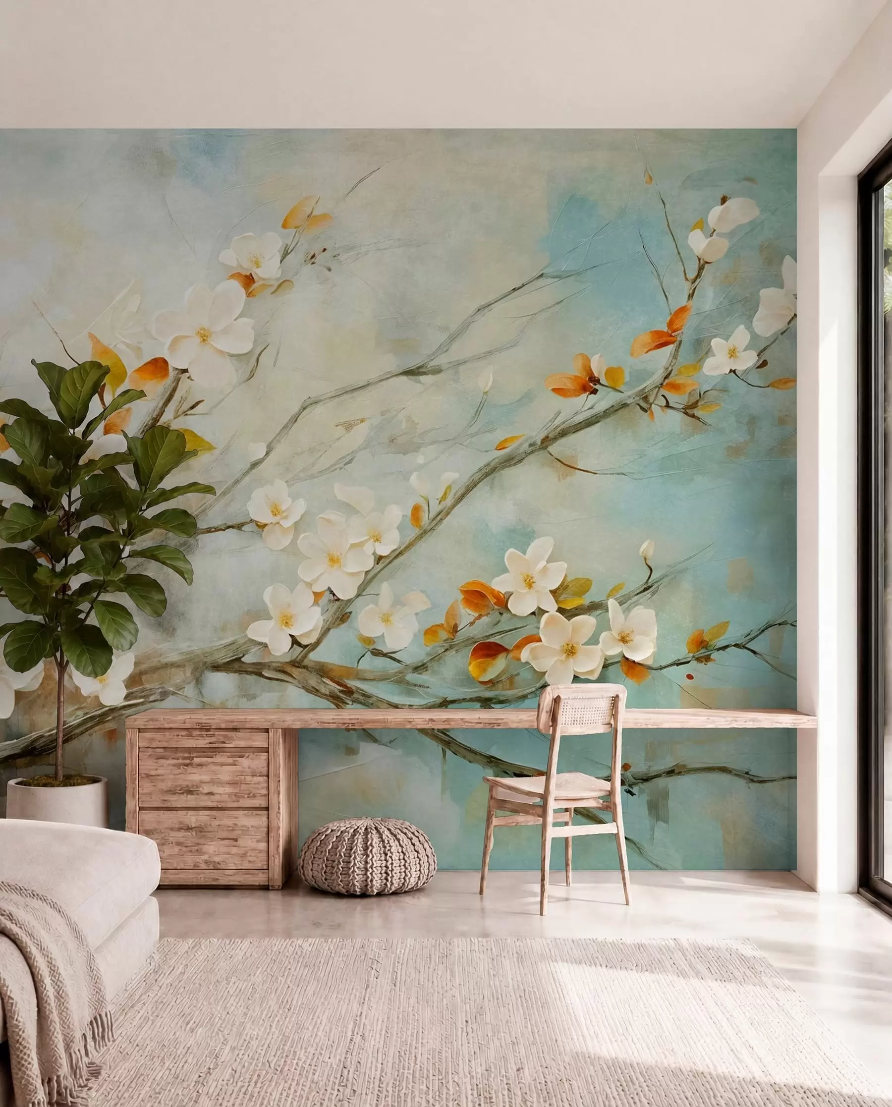 murales de pared Flores blancas de cerezo en ramas sobre un fondo azul y verde suave en estilo de pintura al óleo w08444