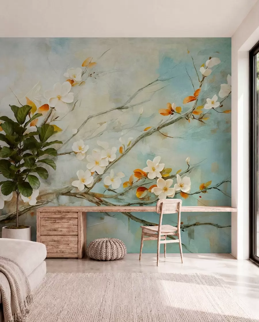 murales de pared Flores blancas de cerezo en ramas sobre un fondo azul y verde suave en estilo de pintura al óleo w08444