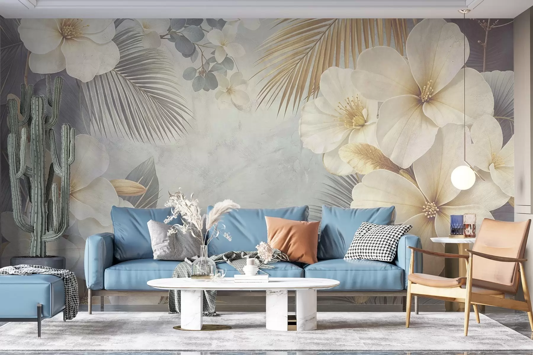 murales de pared Un estampado floral tropical con grandes flores de hibisco blancas y amarillas, hojas de palmera en tonos grises y beige apagados w08445
