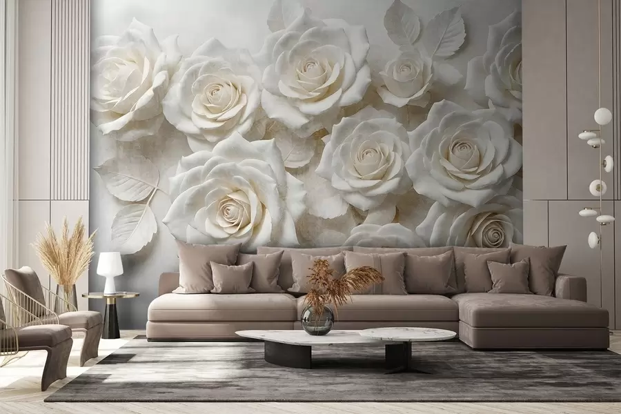 murales de pared Primer plano de varias rosas blancas con pétalos suaves y delicados sobre fondo blanco w08448