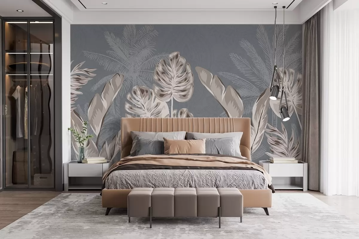 murales de pared Grandes y delicadas hojas de color beige sobre un fondo gris apagado, que crean una atmósfera serena y etérea w08449