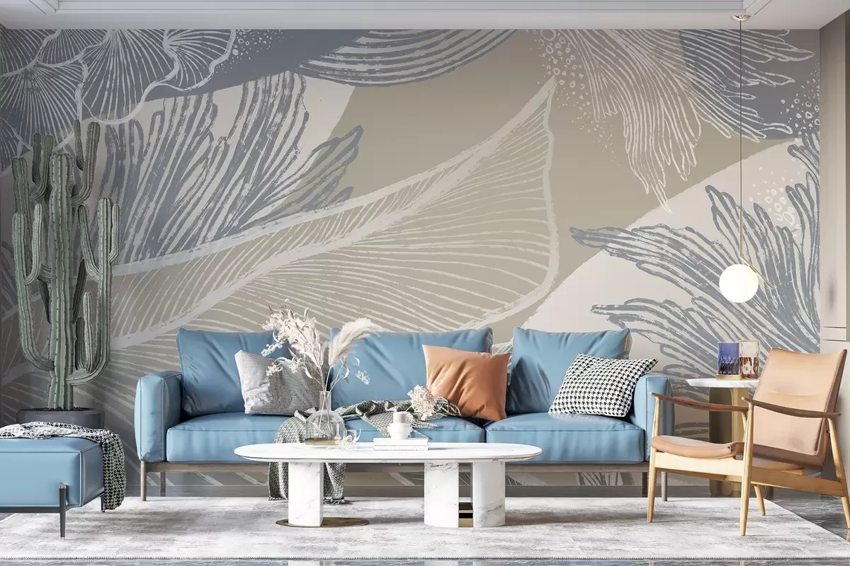 Murales de pared Estampado abstracto en azul pastel y blanco con formas y líneas orgánicas y una paleta de colores apagados w08450 murales de pared Estampado abstracto en azul pastel y blanco con formas y líneas orgánicas y una paleta de colores apagados w08450