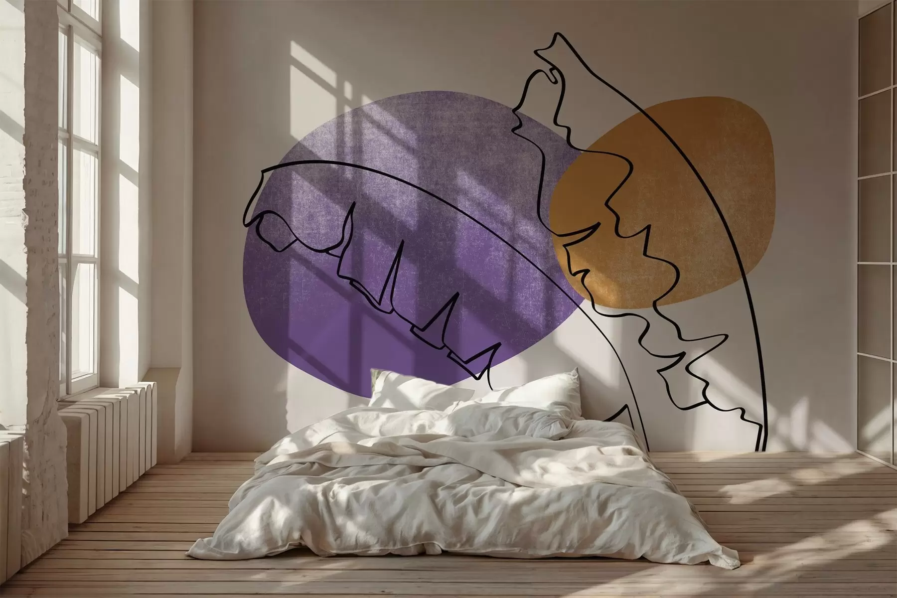 murales de pared Plátano hojas de palma línea de dibujo en púrpura y naranja textura punto w02423v1
