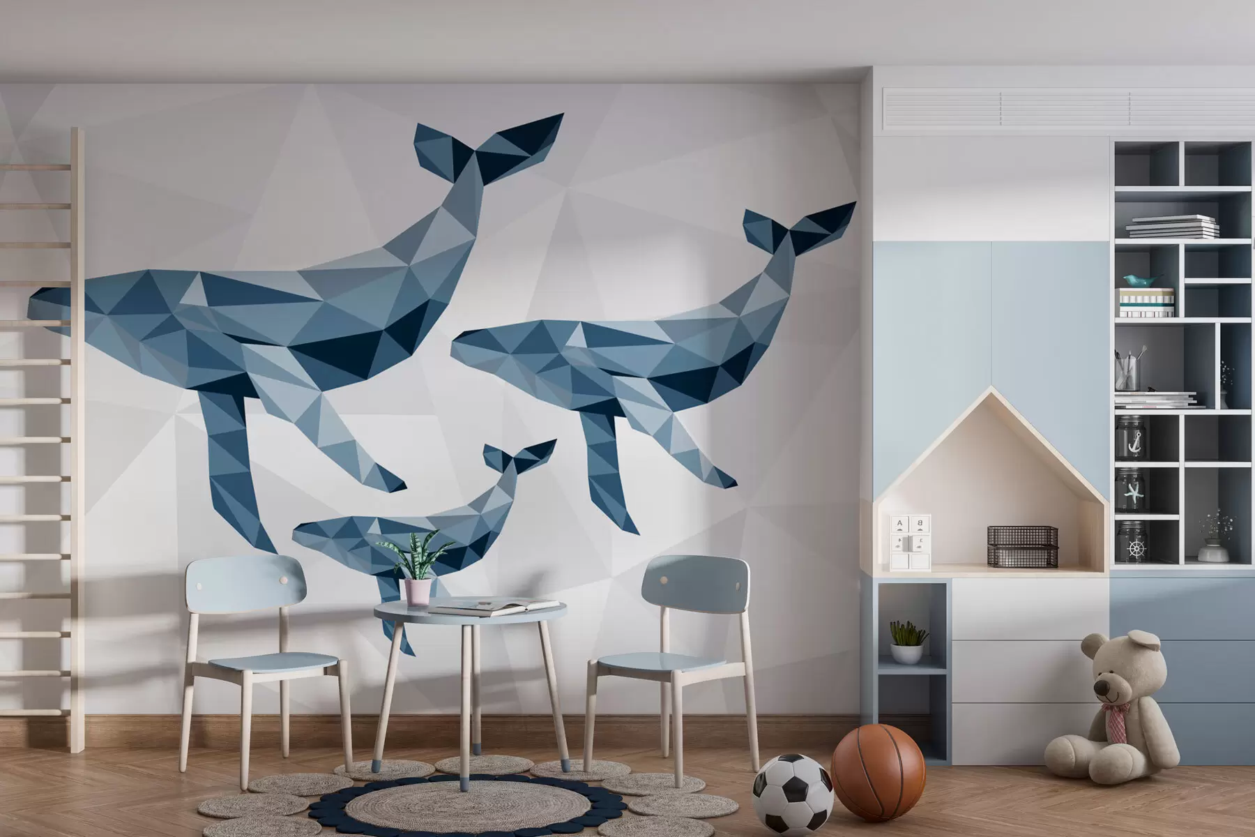 murales de pared Ballenas poligonales y fondo poligonal w02375