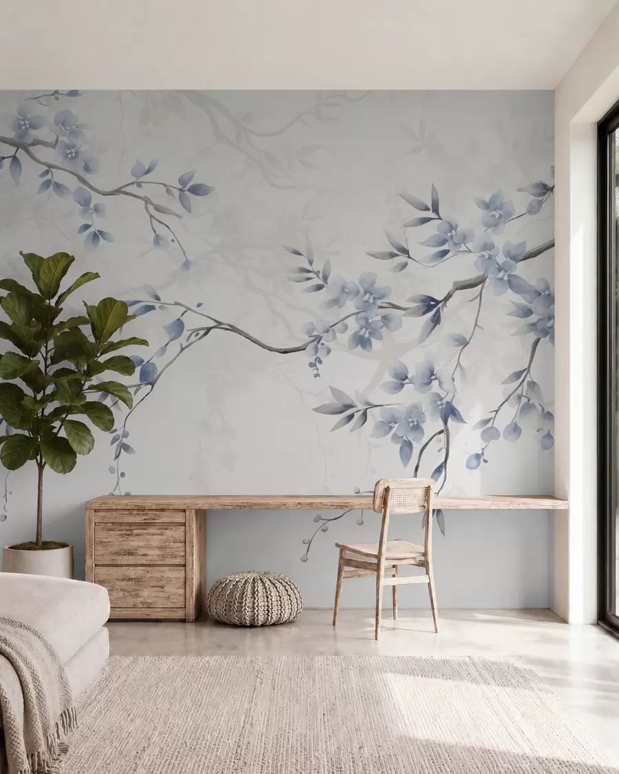 murales de pared Ramas de moda con flores y hojas w02449