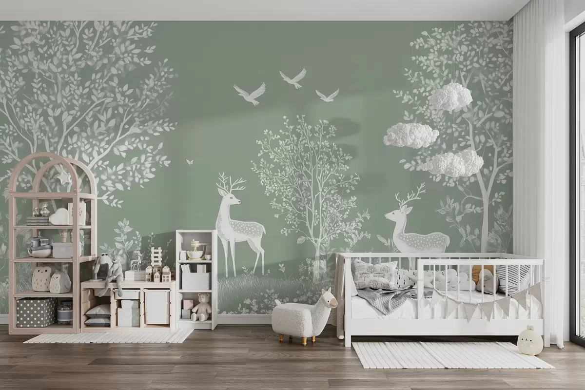 murales de pared bosque con ciervos en el estilo de un dibujo a la tiza sobre un fondo verde w02444