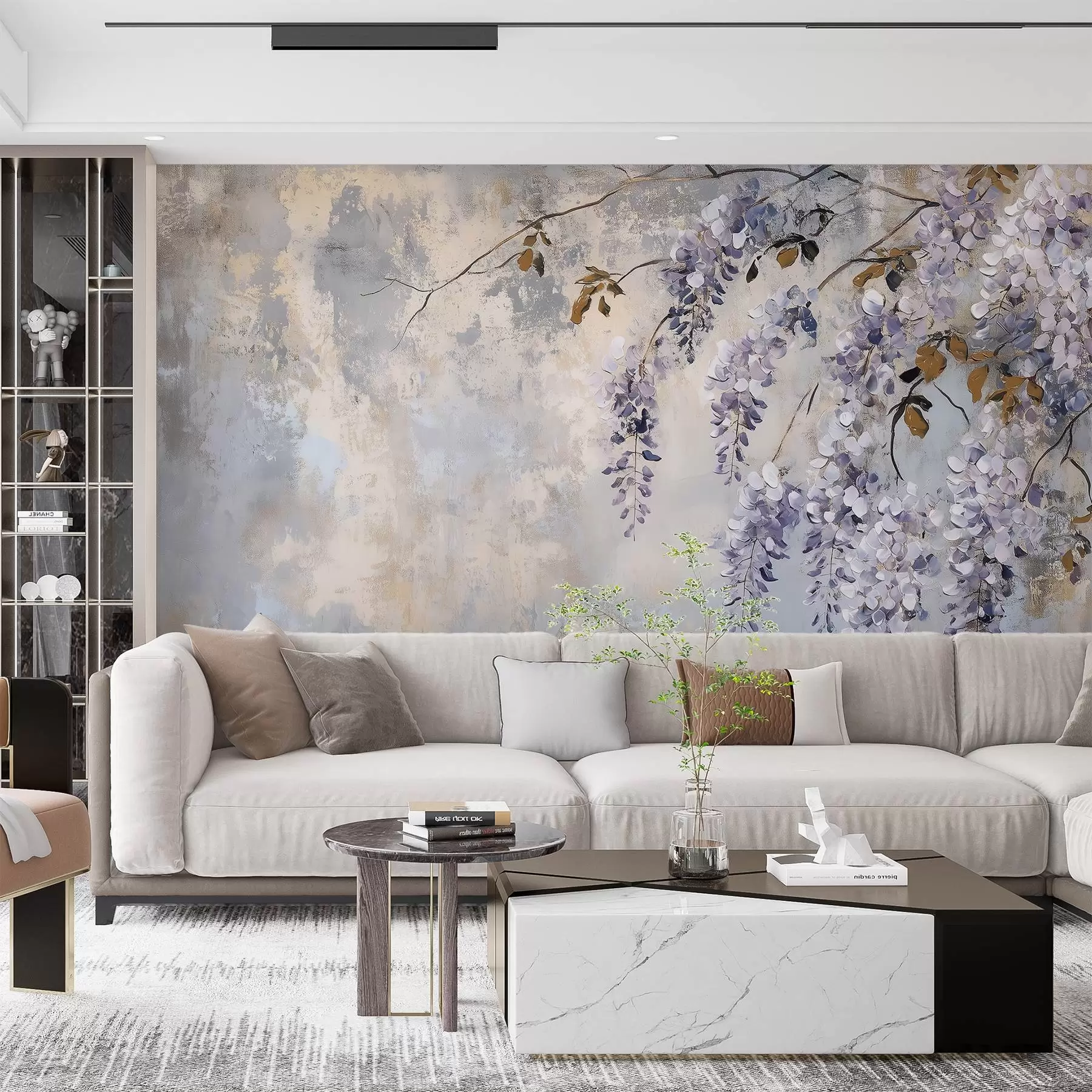 murales de pared papel pintado texturizado en colores suaves y apagados con delicadas flores y ramas de glicinia w02451