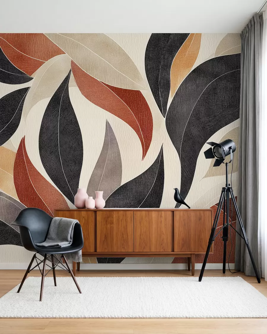 murales de pared hojas abstractas en una paleta de tonos terrosos: beige, terracota y gris oscuro w02452