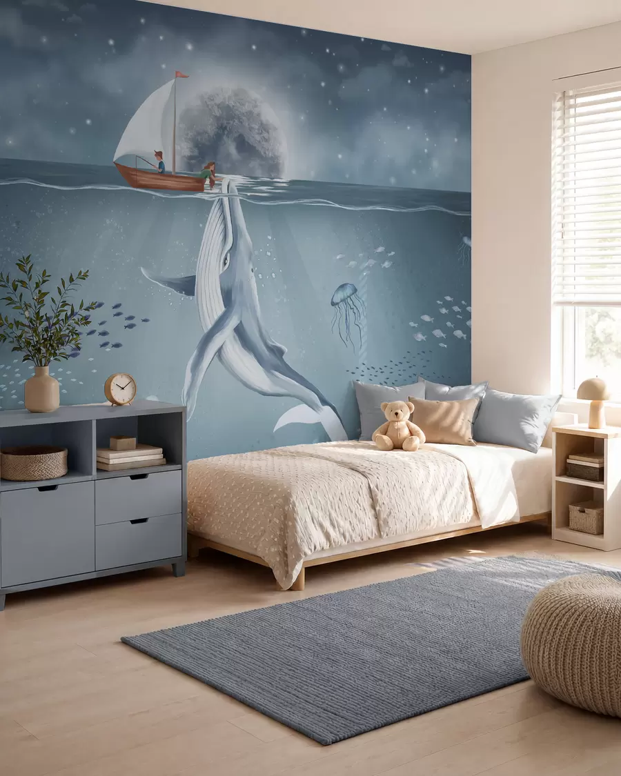murales de pared Diseño infantil con ballena, luna y barco con niños w02476