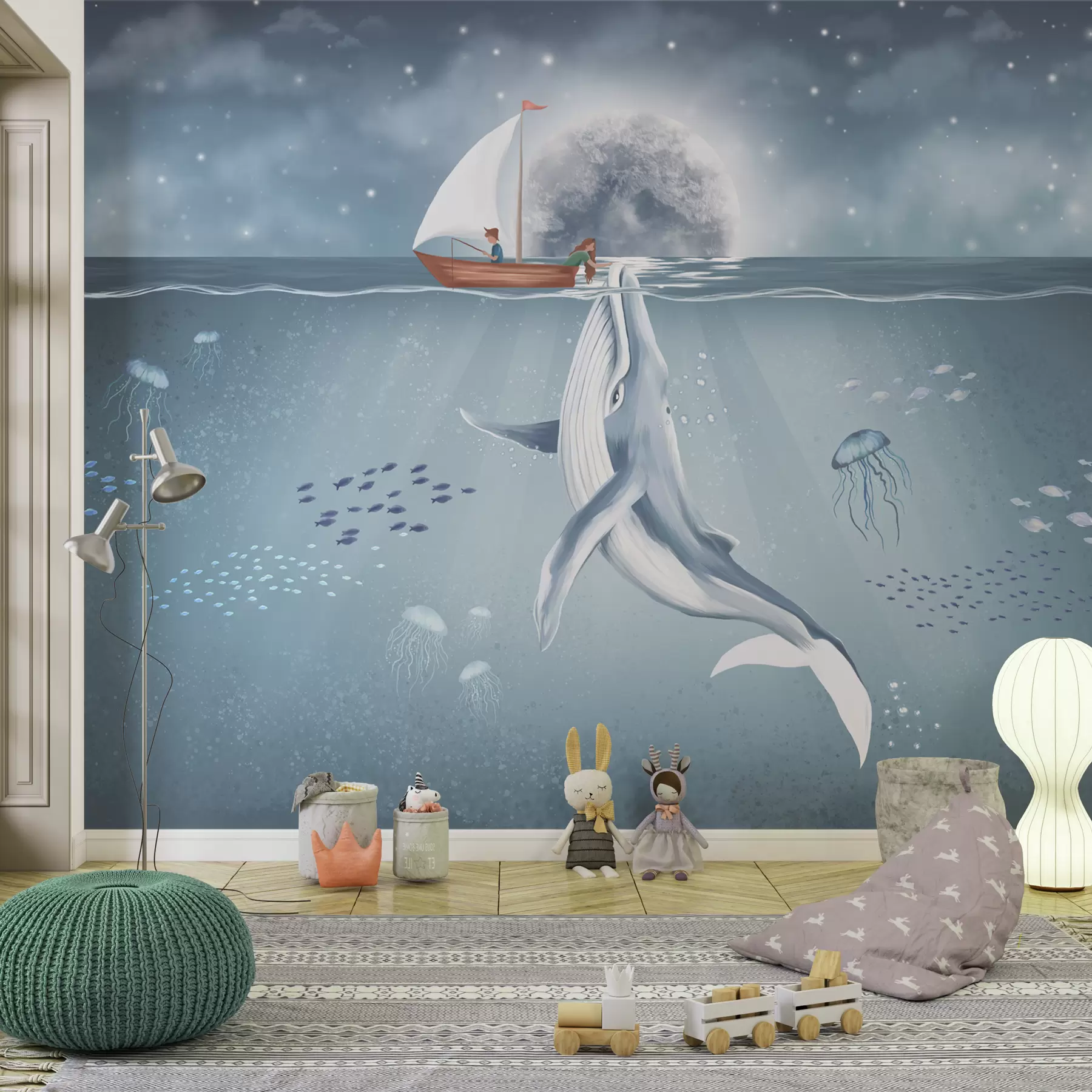 murales de pared Diseño infantil con ballena, luna y barco con niños w02476