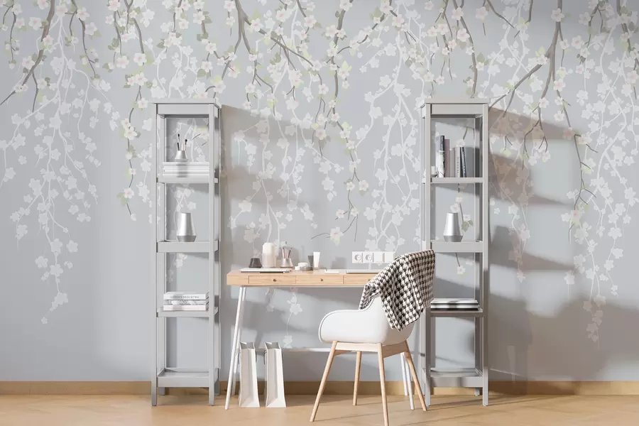 murales de pared Caída de delicadas ramas con flores sobre fondo azul w02479