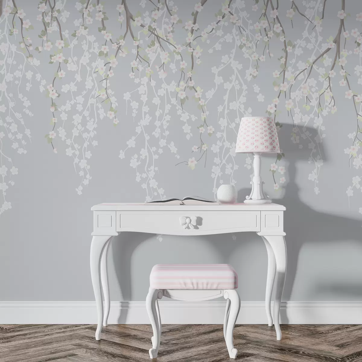 murales de pared Caída de delicadas ramas con flores sobre fondo azul w02479