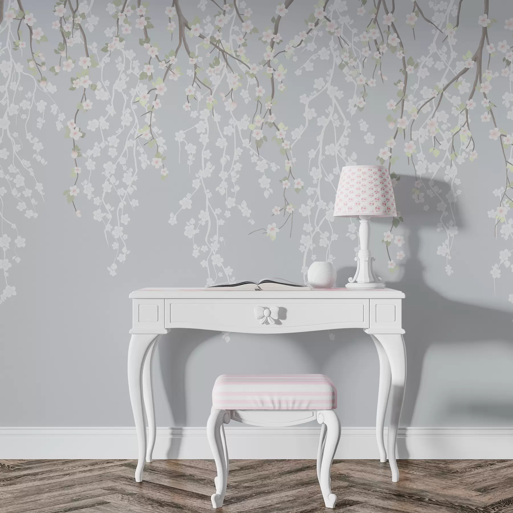 murales de pared Caída de delicadas ramas con flores sobre fondo azul w02479