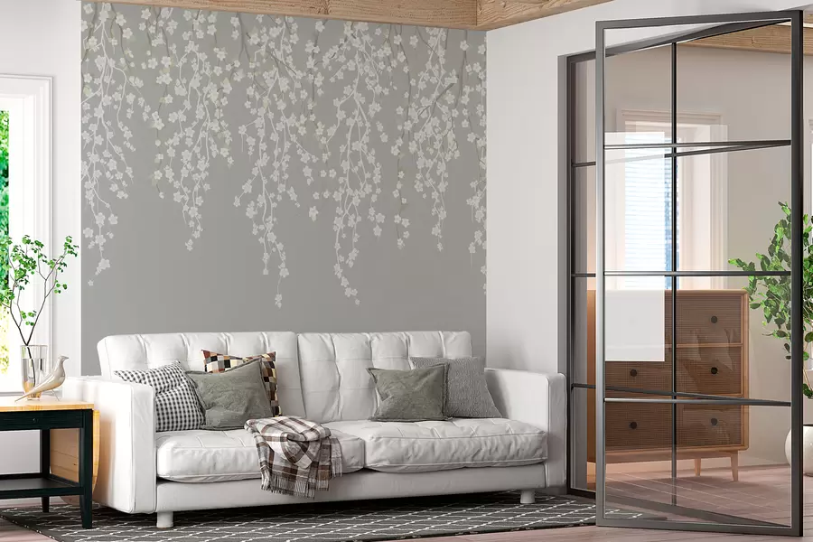 Murales de pared Ramas delicadas con flores sobre fondo gris w02479v1 murales de pared Ramas delicadas con flores sobre fondo gris w02479v1