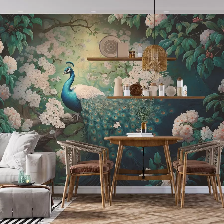 murales de pared Hermoso pavo real en ramas entre pequeñas flores w08475