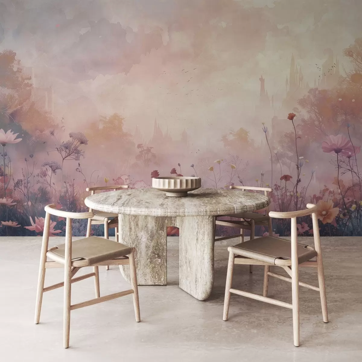 Murales de pared Flores silvestres sobre fondo de silueta de castillo w08478 murales de pared Flores silvestres sobre fondo de silueta de castillo w08478