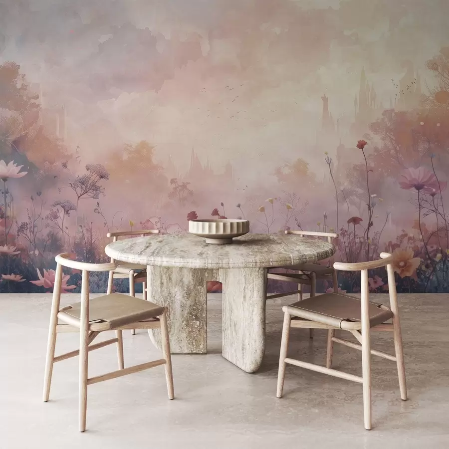 Murales de pared Flores silvestres sobre fondo de silueta de castillo w08478 murales de pared Flores silvestres sobre fondo de silueta de castillo w08478