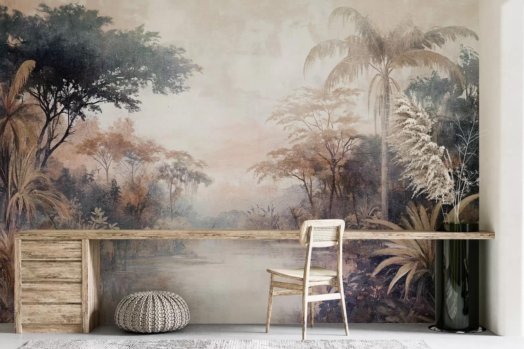 murales de pared Un paisaje tropical texturizado con un tranquilo río rodeado de exuberantes palmeras, arbustos y otros follajes w08460