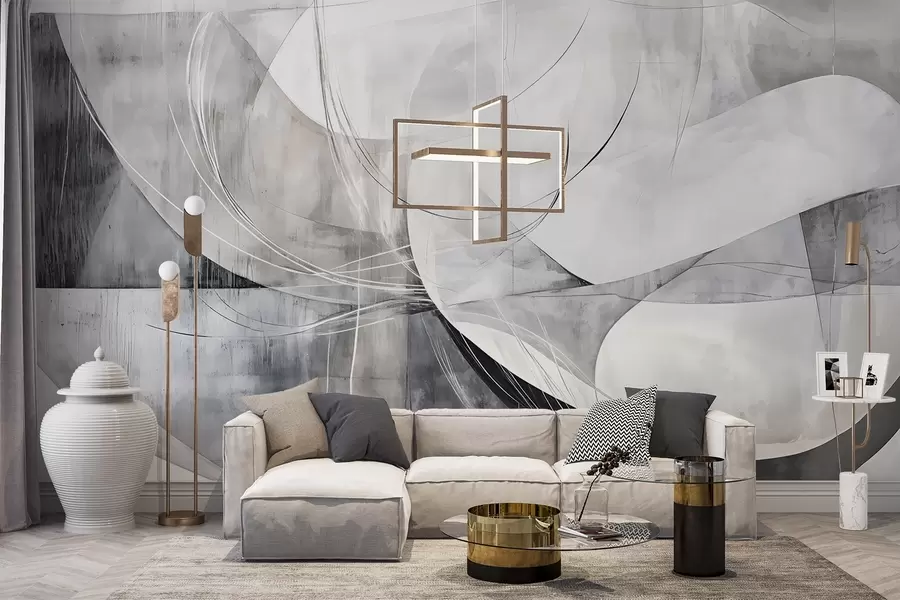 murales de pared Formas abstractas en tonos blancos, grises y negros sobre un fondo de textura difuminada w08461v1