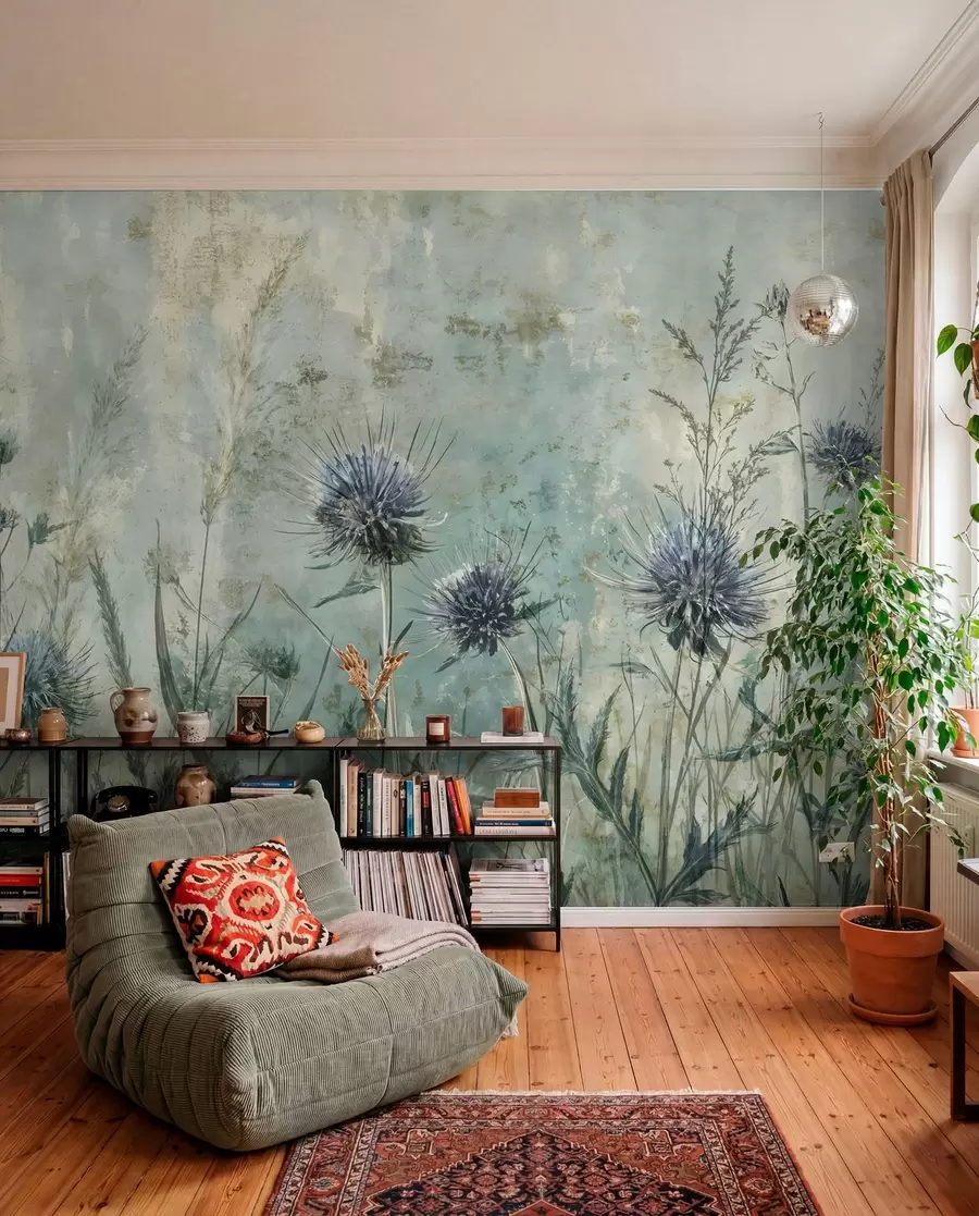 murales de pared Un campo de flores de cardo púrpura con flores borrosas y follaje en el fondo de textura vintage w08463