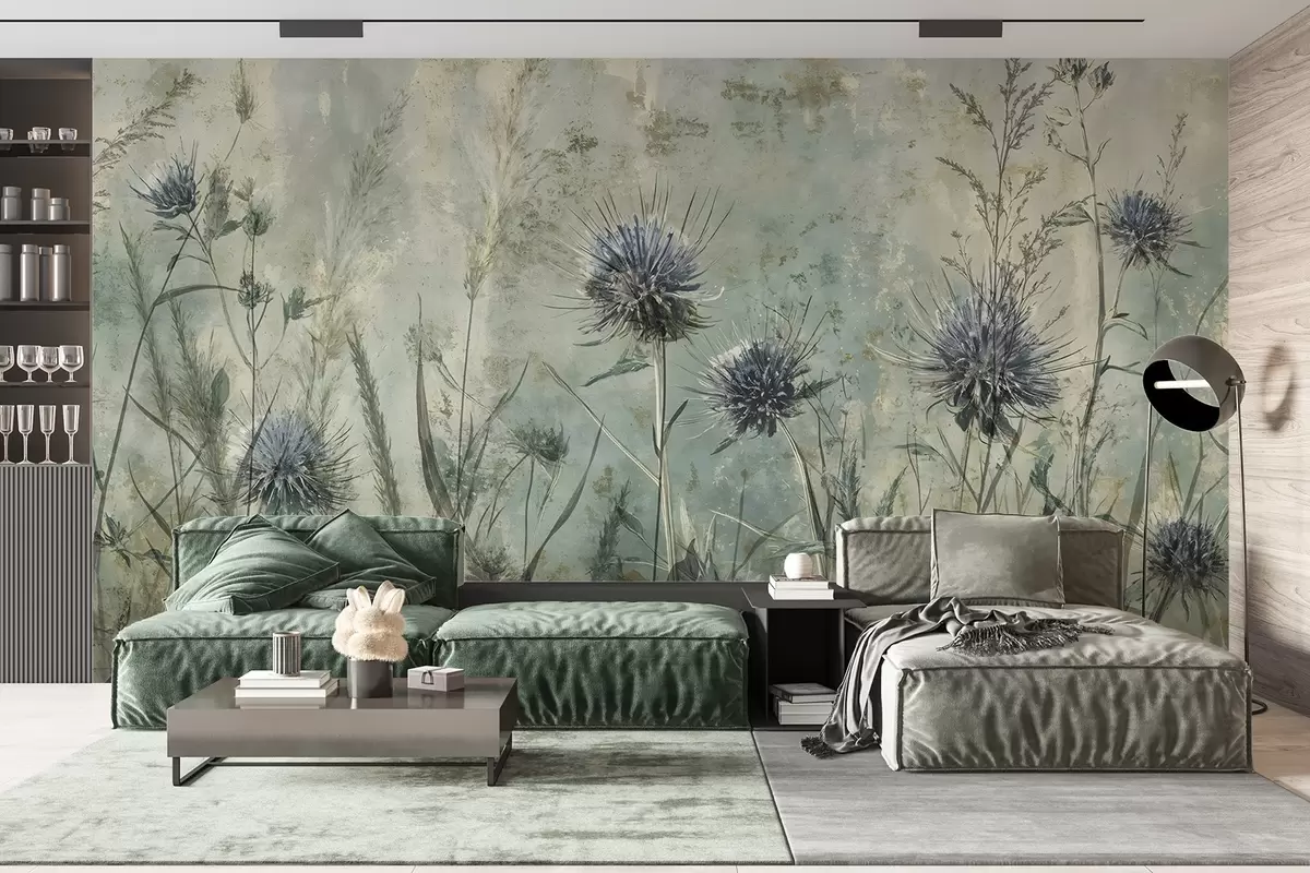 Murales de pared Un campo de flores de cardo púrpura con flores borrosas y follaje en el fondo de textura vintage w08463 murales de pared Un campo de flores de cardo púrpura con flores borrosas y follaje en el fondo de textura vintage w08463