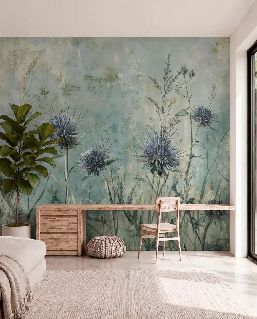 murales de pared Un campo de flores de cardo púrpura con flores borrosas y follaje en el fondo de textura vintage w08463