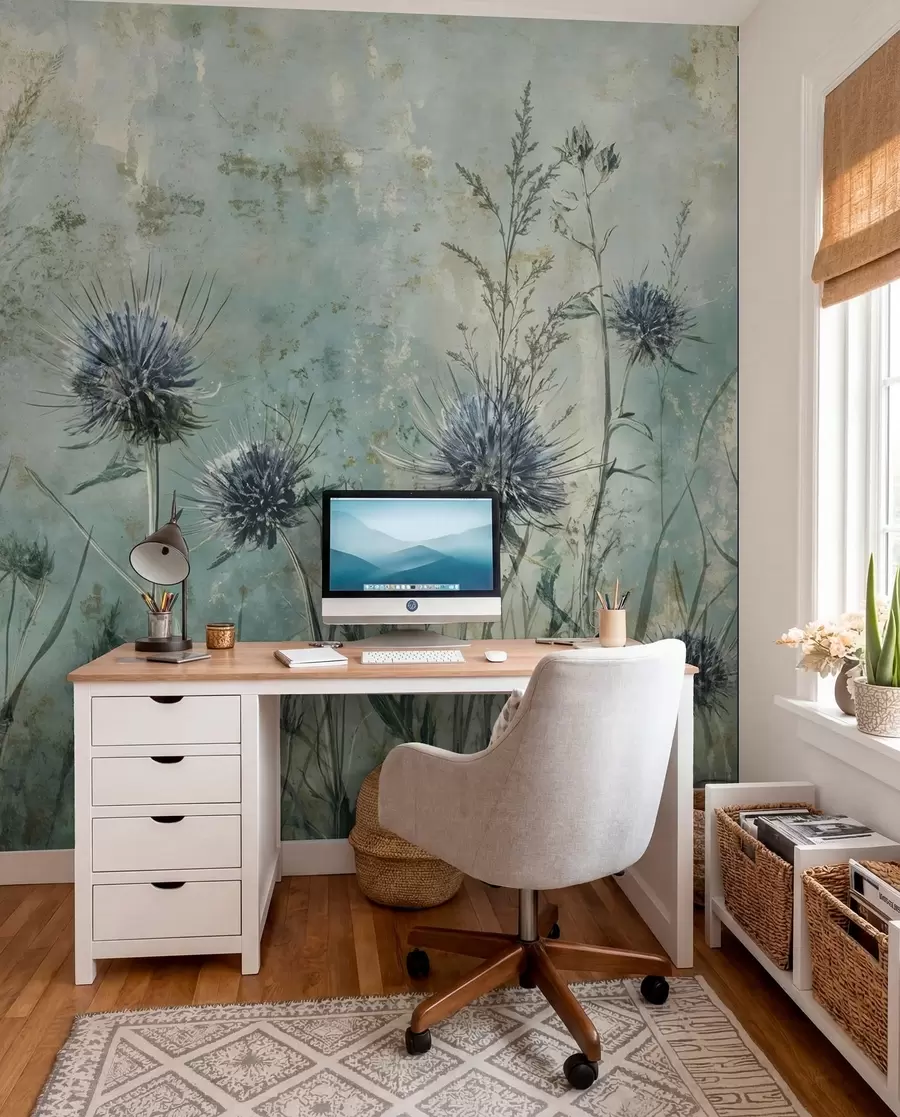 murales de pared Un campo de flores de cardo púrpura con flores borrosas y follaje en el fondo de textura vintage w08463