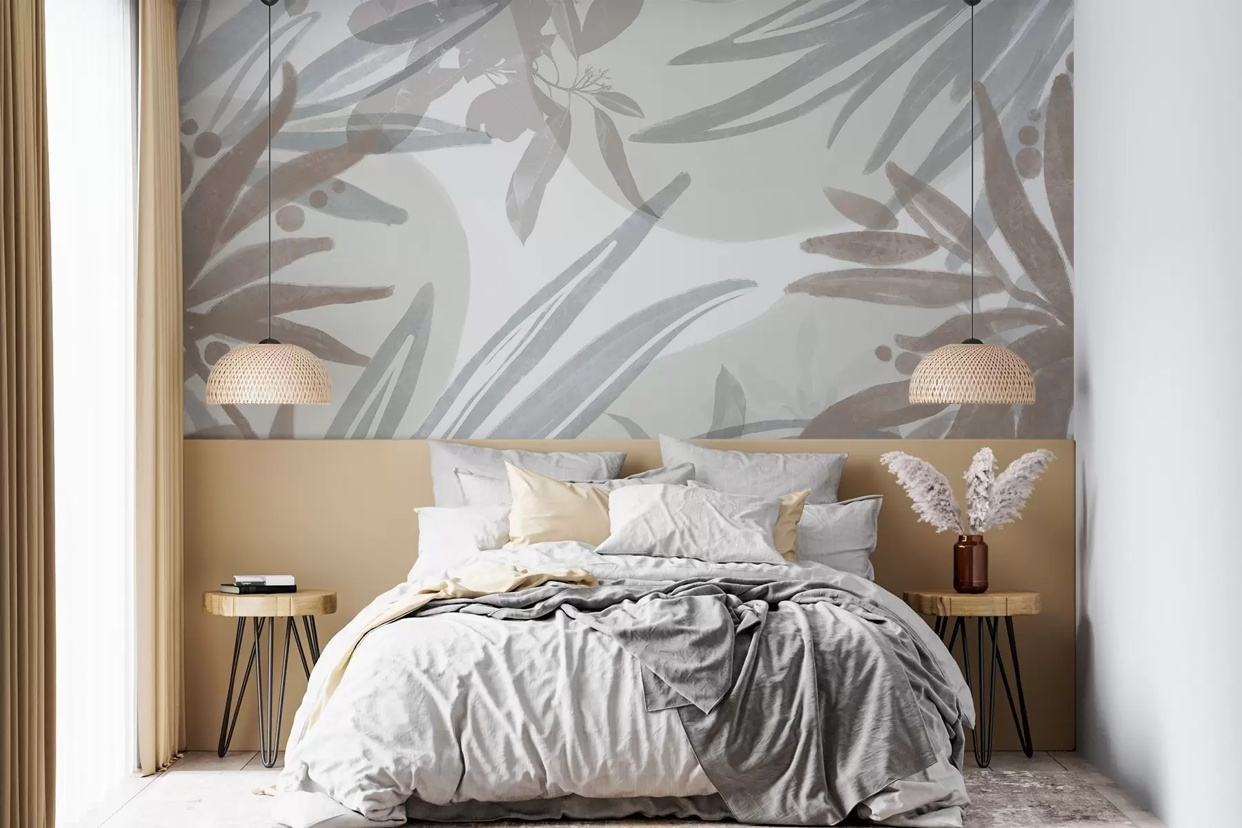 murales de pared Un motivo floral abstracto de tonos neutros con hojas y formas superpuestas en tonos grises, blancos y beige w08464