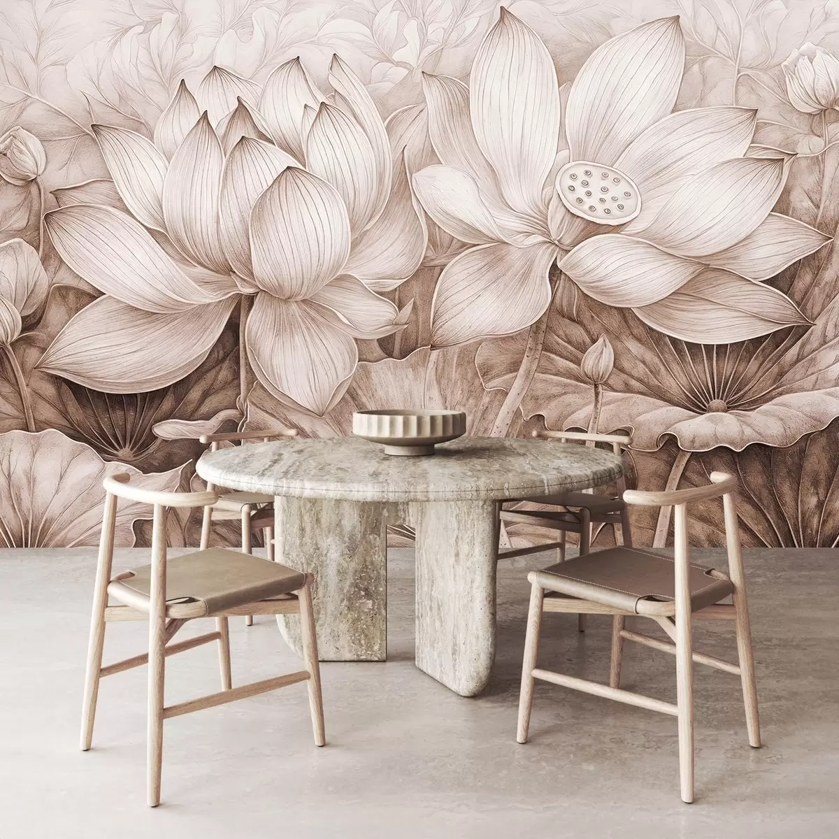 Murales de pared Varias flores grandes de loto beige con textura detallada y hojas y tallos marrones sobre fondo claro w08465v1 murales de pared Varias flores grandes de loto beige con textura detallada y hojas y tallos marrones sobre fondo claro w08465v1