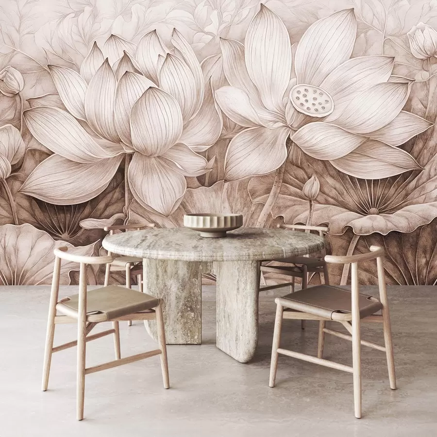 Murales de pared Varias flores grandes de loto beige con textura detallada y hojas y tallos marrones sobre fondo claro w08465v1 murales de pared Varias flores grandes de loto beige con textura detallada y hojas y tallos marrones sobre fondo claro w08465v1