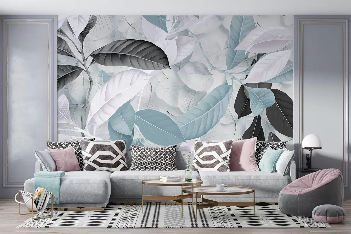 Murales de pared Gran estampado de hojas azules y grises sobre un fondo con textura de hojas claras, que crea una exuberante sensación tropical w08468v1 murales de pared Gran estampado de hojas azules y grises sobre un fondo con textura de hojas claras, que crea una exuberante sensación tropical w08468v1