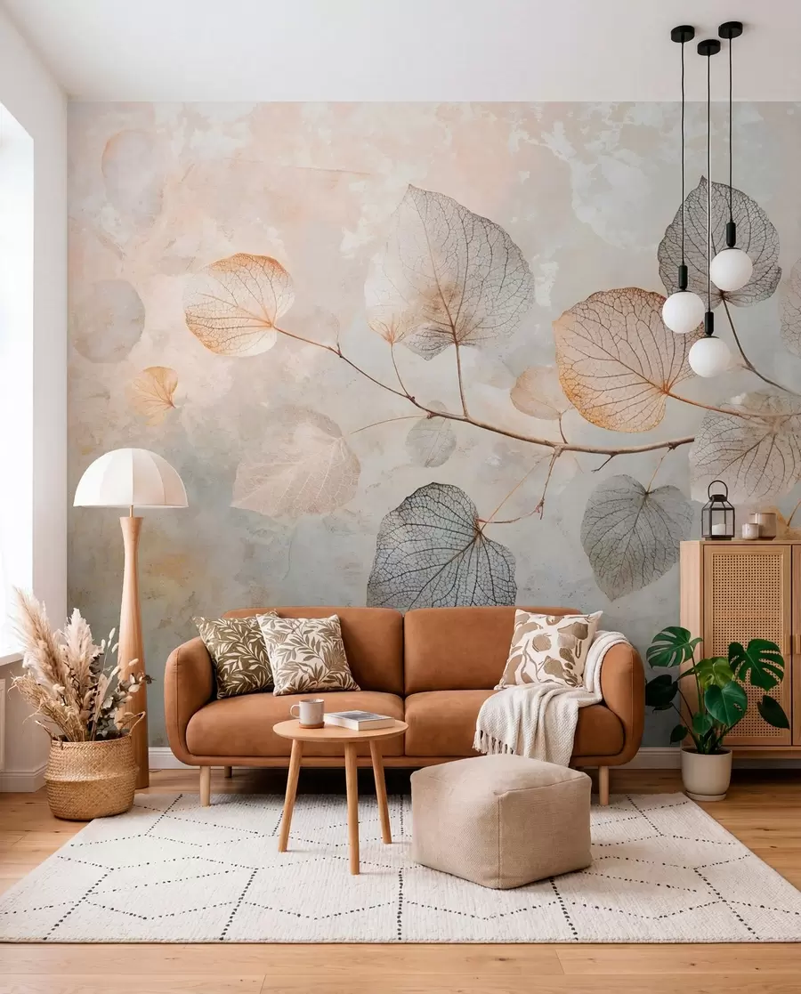 murales de pared Delicadas hojas con intrincadas vetas y colores suaves y apagados sobre un fondo de textura pálida w08469