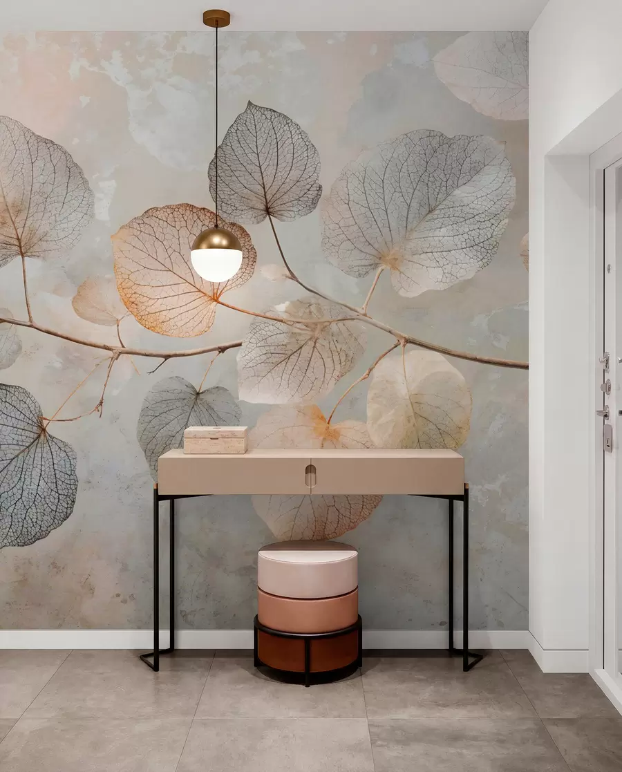 murales de pared Delicadas hojas con intrincadas vetas y colores suaves y apagados sobre un fondo de textura pálida w08469