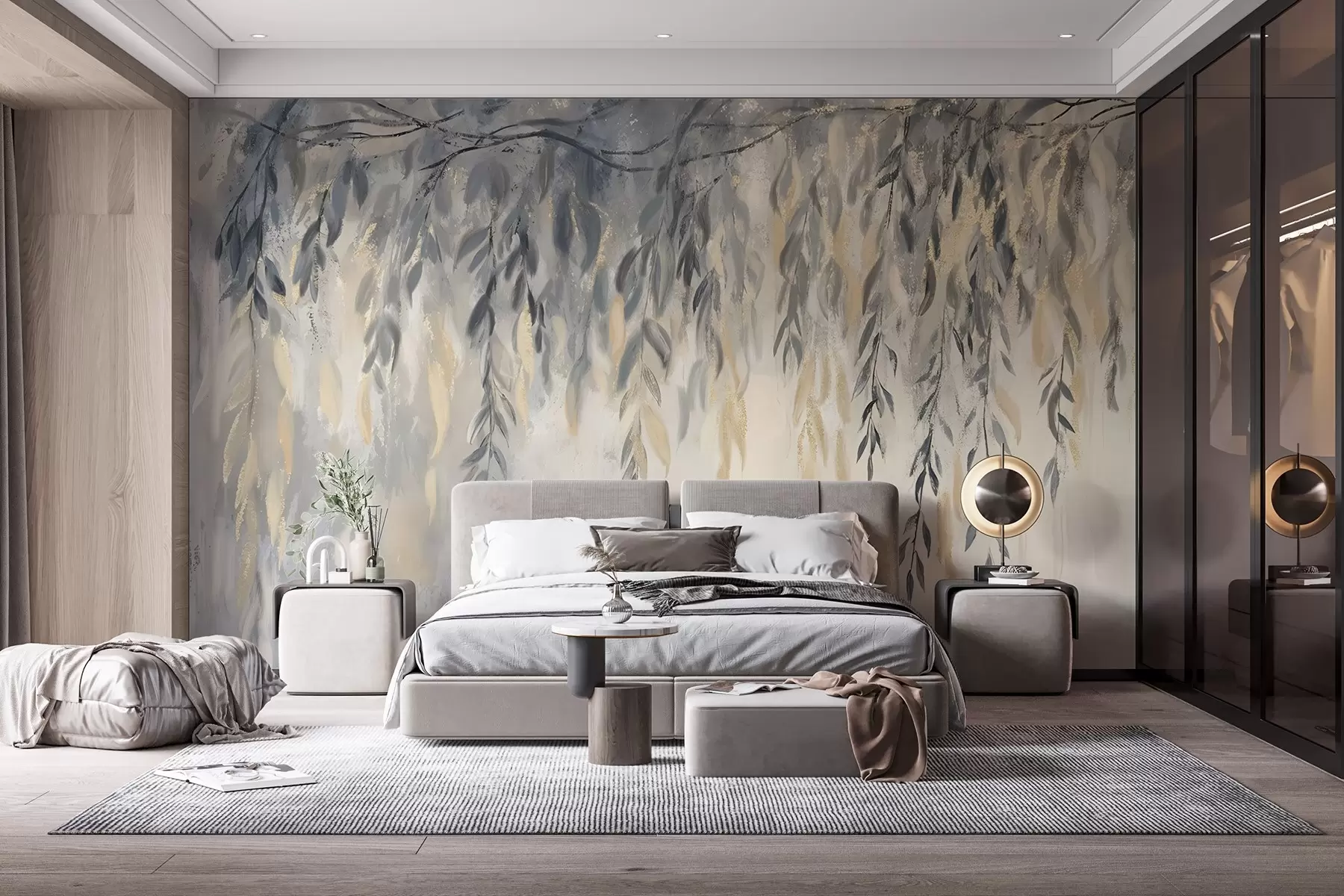 murales de pared Ramas de sauce con delicadas hojas colgando sobre un fondo de textura suave y difuminada w08473