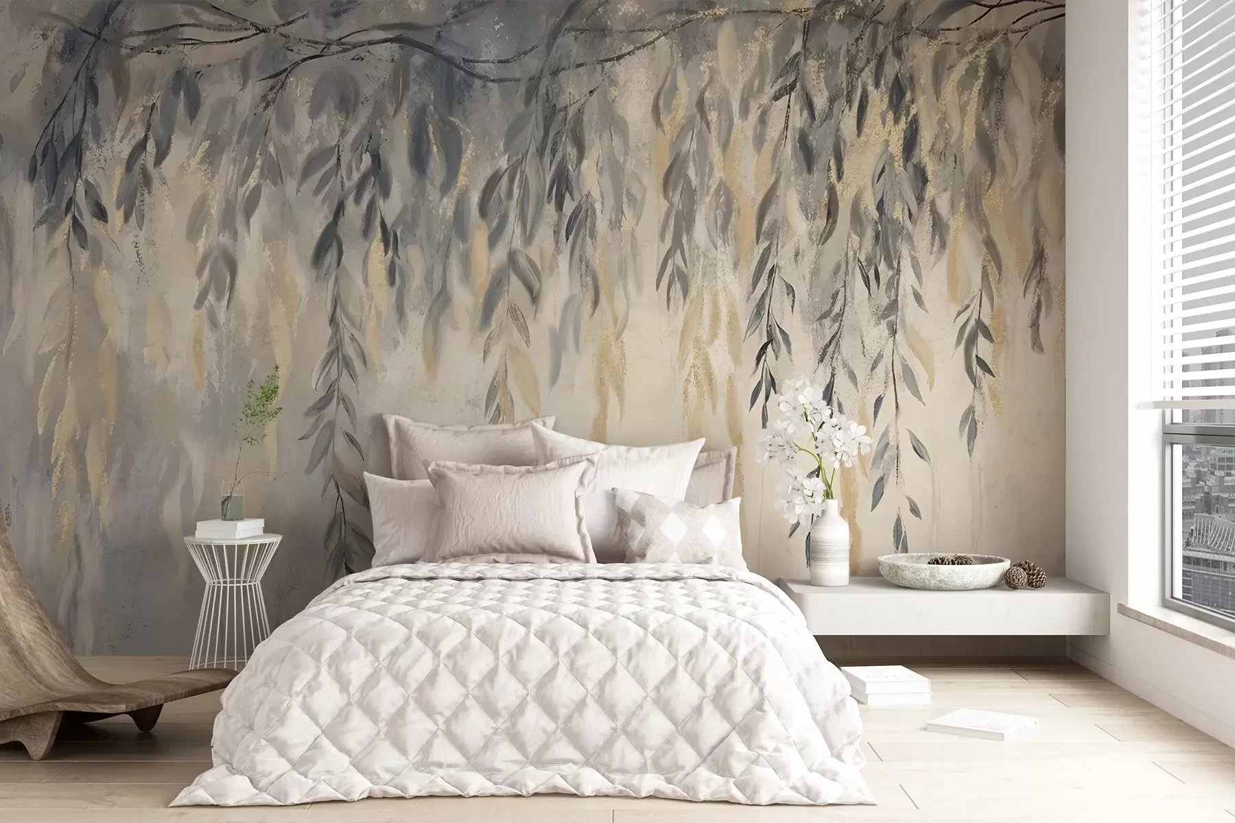 murales de pared Ramas de sauce con delicadas hojas colgando sobre un fondo de textura suave y difuminada w08473