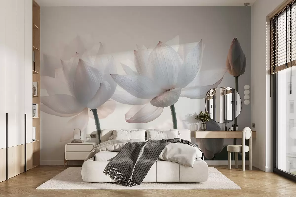 murales de pared Suaves flores de loto con pétalos y hojas w08488