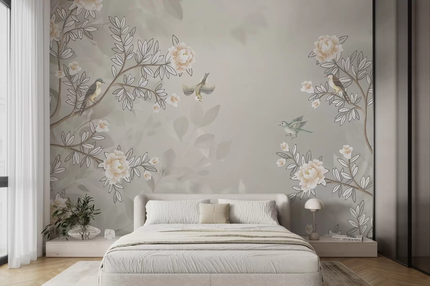 murales de pared Ramas con rosas y pájaros volando en tonos claros w08493