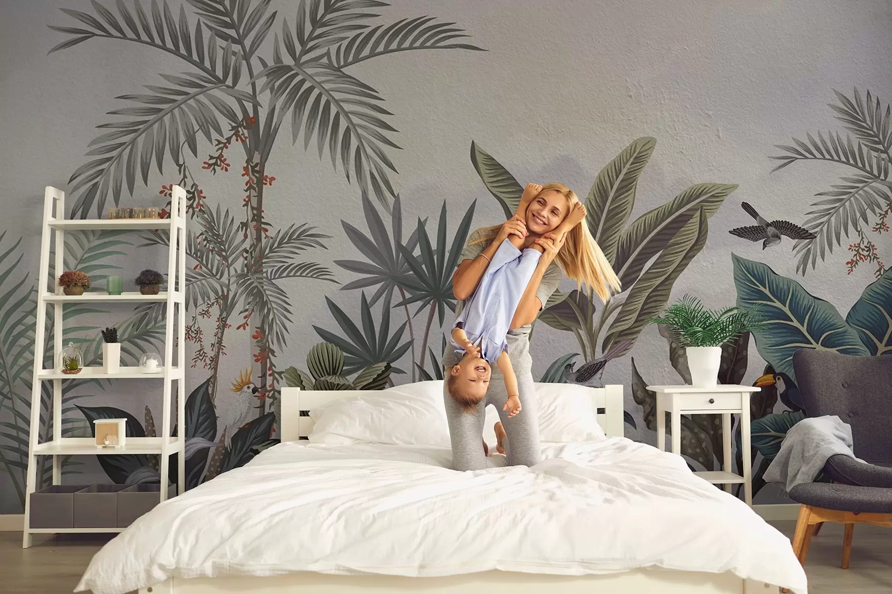 murales de pared Selva tropical con palmeras y pájaros de colores w08496