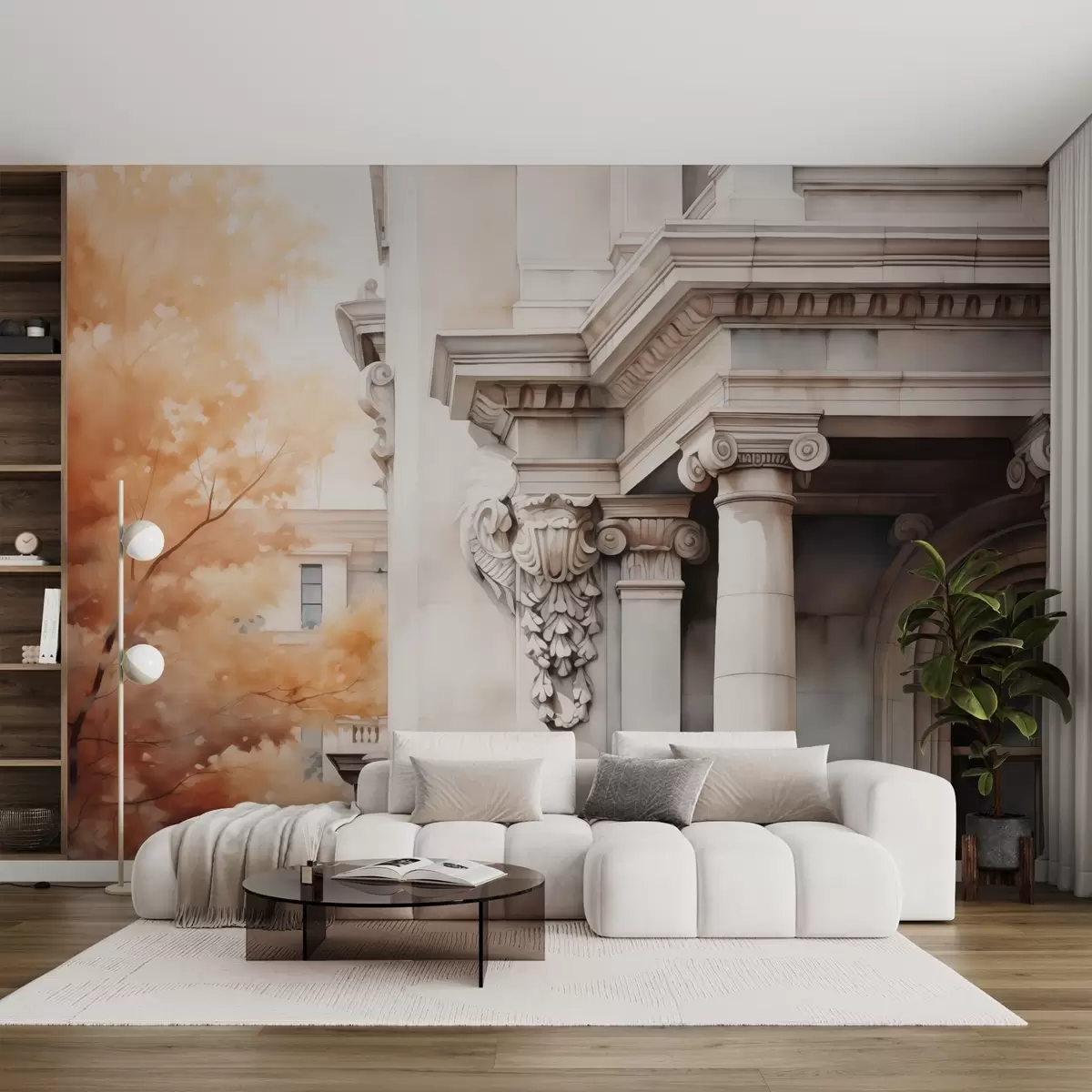 Murales de pared Parte de una casa con columnas junto a un árbol imitación de acuarela w02495 murales de pared Parte de una casa con columnas junto a un árbol imitación de acuarela w02495