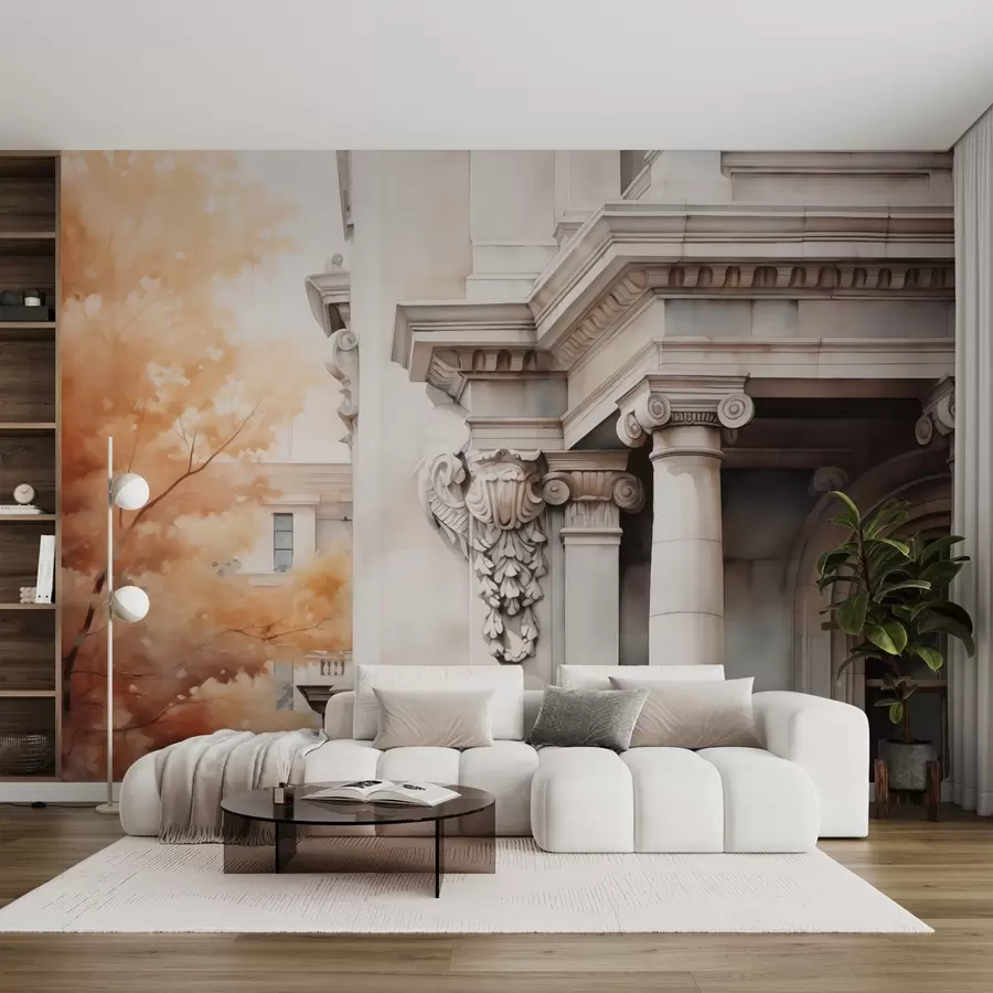 Murales de pared Parte de una casa con columnas junto a un árbol imitación de acuarela w02495 murales de pared Parte de una casa con columnas junto a un árbol imitación de acuarela w02495