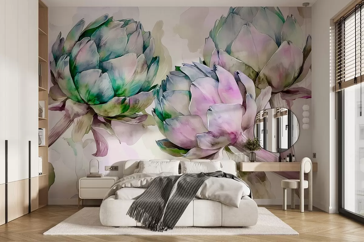 murales de pared Alcachofas estilo acuarela, flores, morado y verde w02481