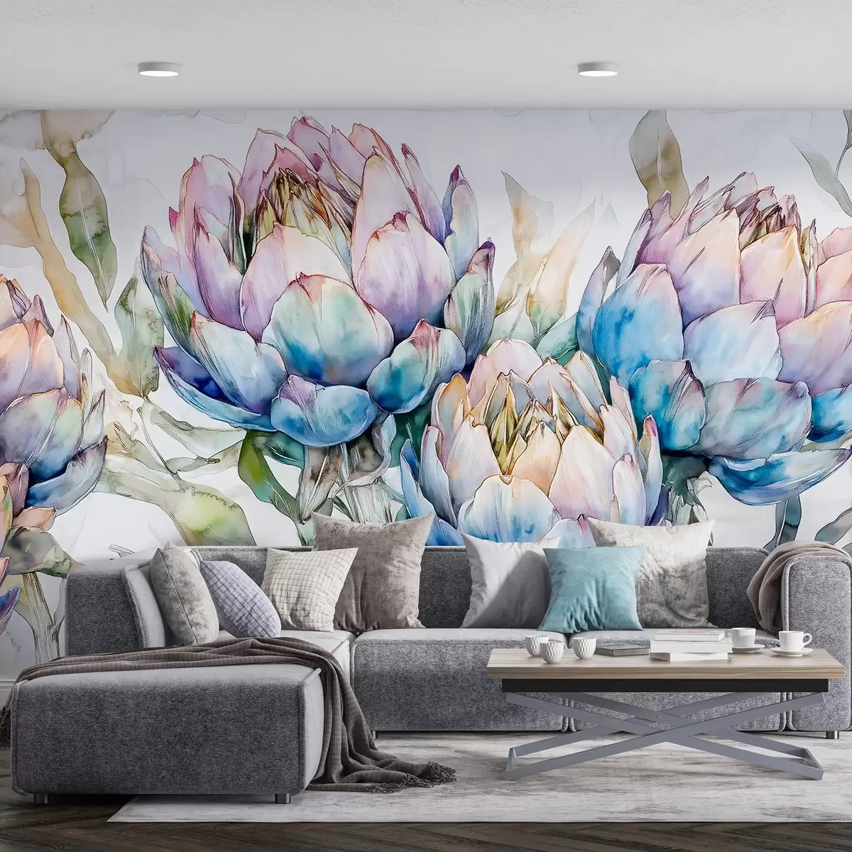 Murales de pared Alcachofas dibujo, estilo acuarela, floral, púrpura, beige, verde w02484 murales de pared Alcachofas dibujo, estilo acuarela, floral, púrpura, beige, verde w02484